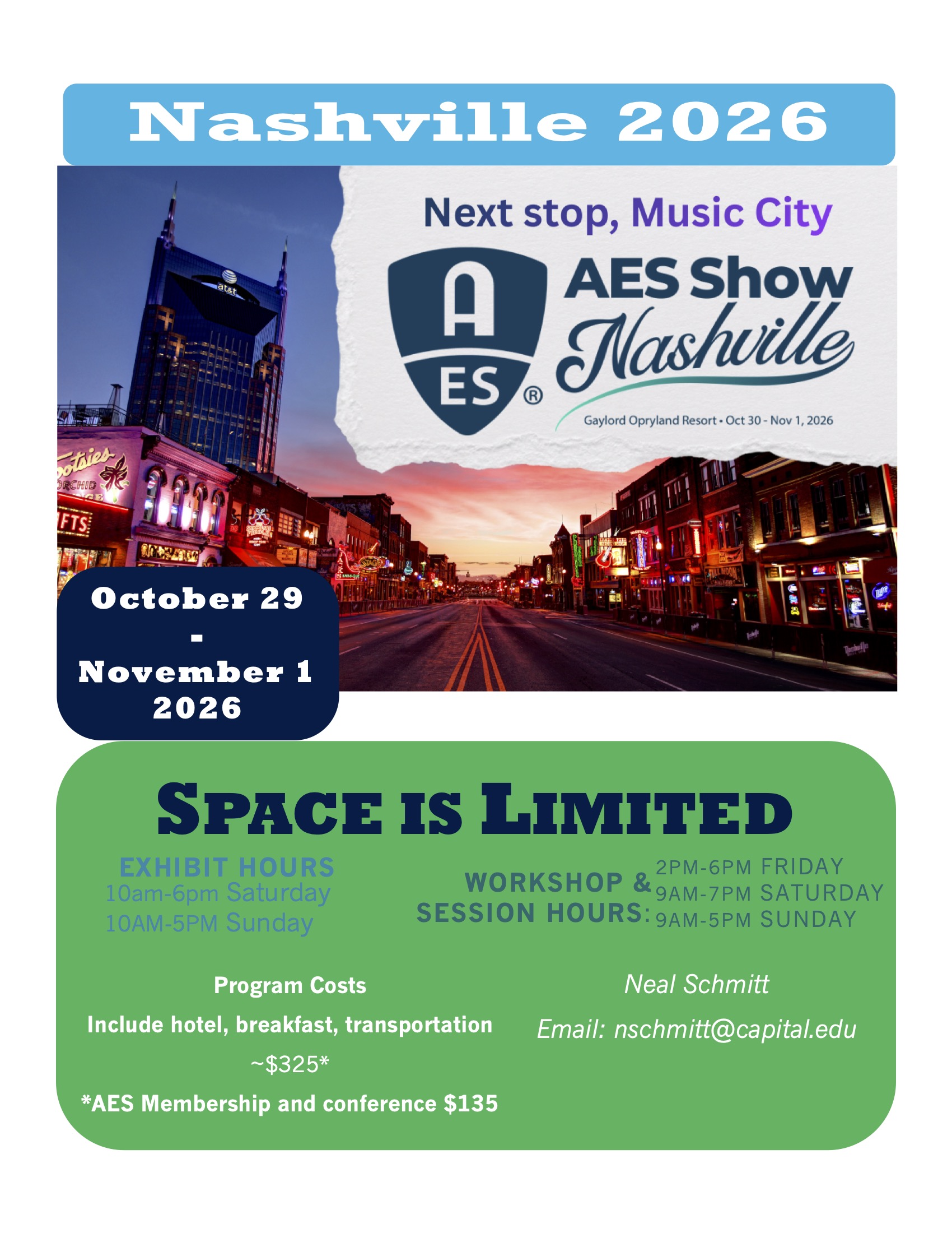 nashville trip flyer with dates and cost